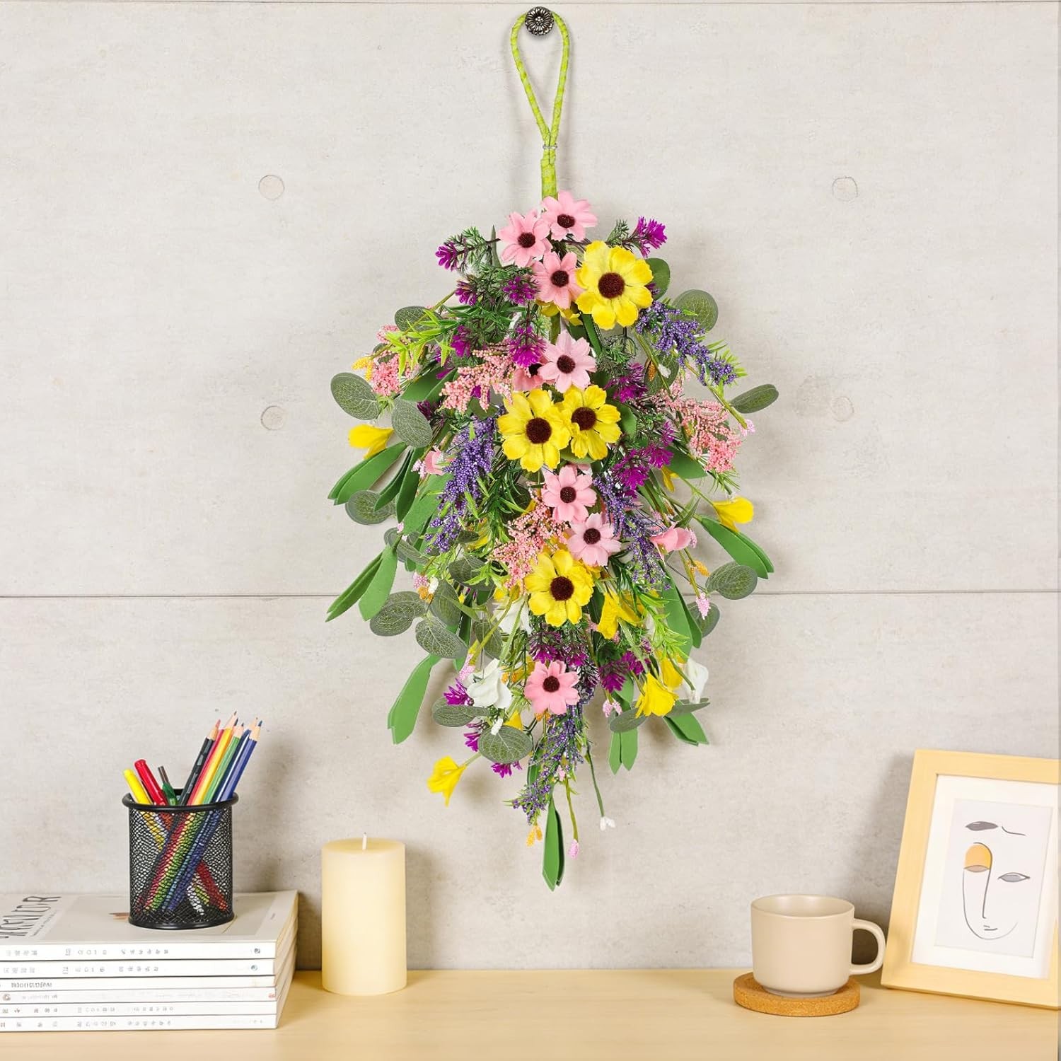 2 Pcs Spring Swags for Front Door, 23.6″ Artificial Floral Teardrop Swags with S