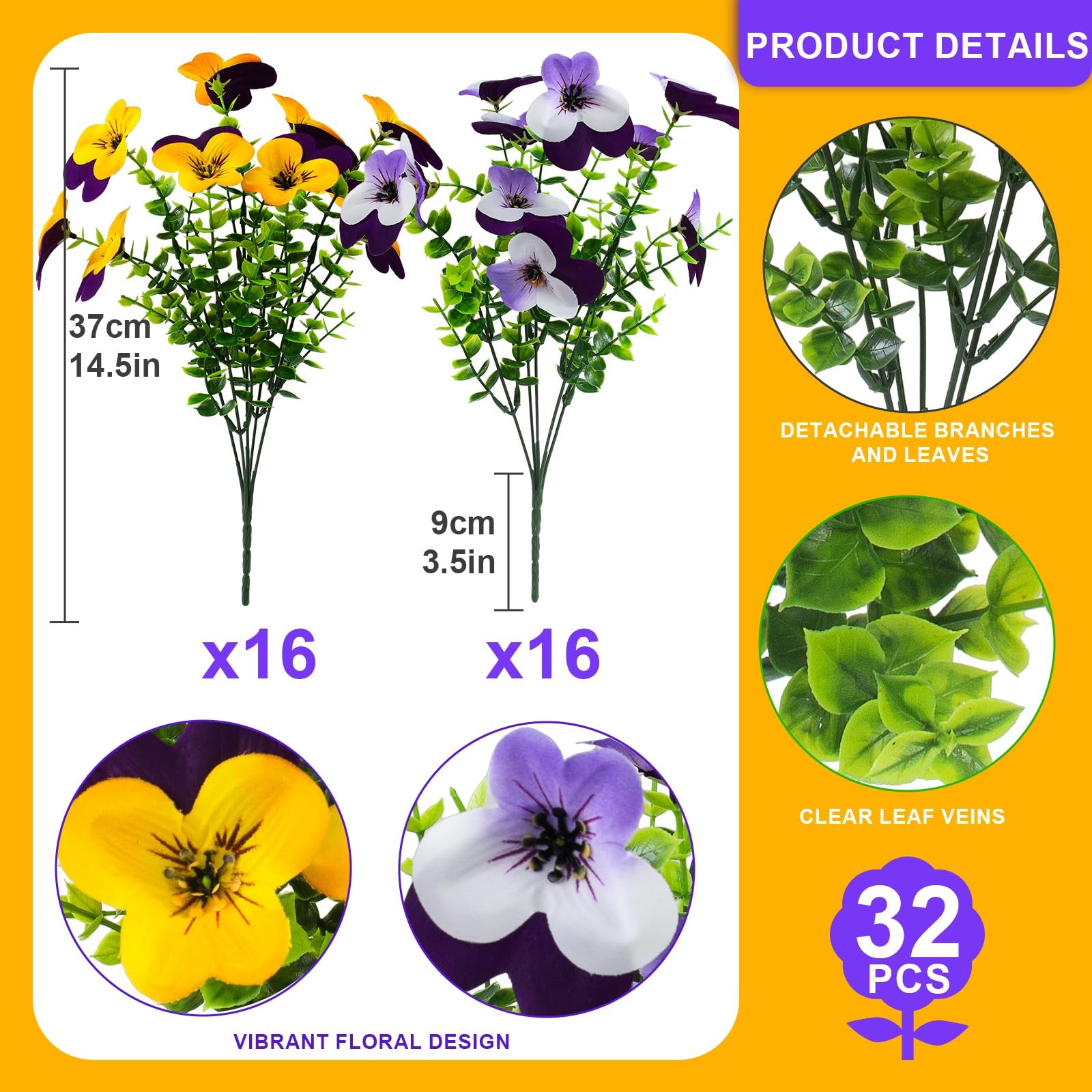 32 Pcs Artificial Pansy Flowers for Outdoors UV Resistant Faux Silk Spring Fl