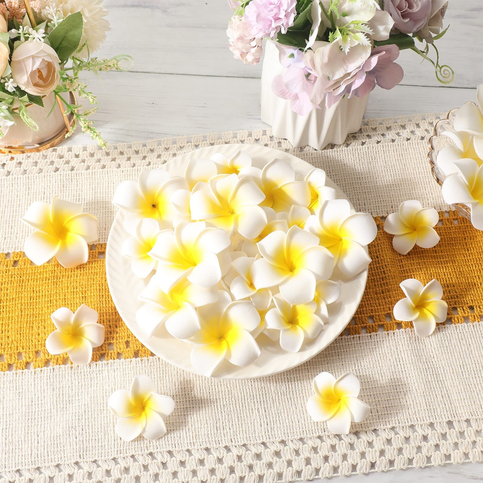 160 Pcs Artificial Plumeria Flowers – White Foam Frangipani Petals for DIY Craft
