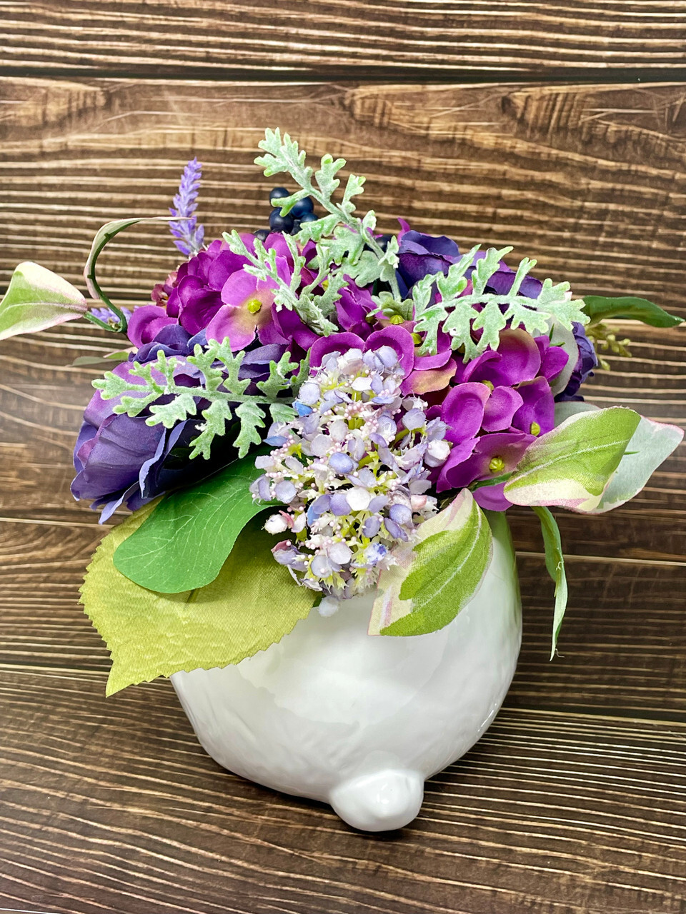 10″ Purple-Violet Blue silk Flower arrangement in White Ceramic Bunny Rabbit pla