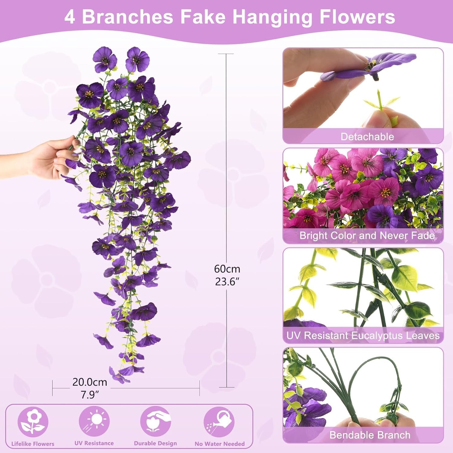 Fake Artificial Flowers for Outdoors, 4 Pcs Faux Hanging Pansy Flowers Spring…