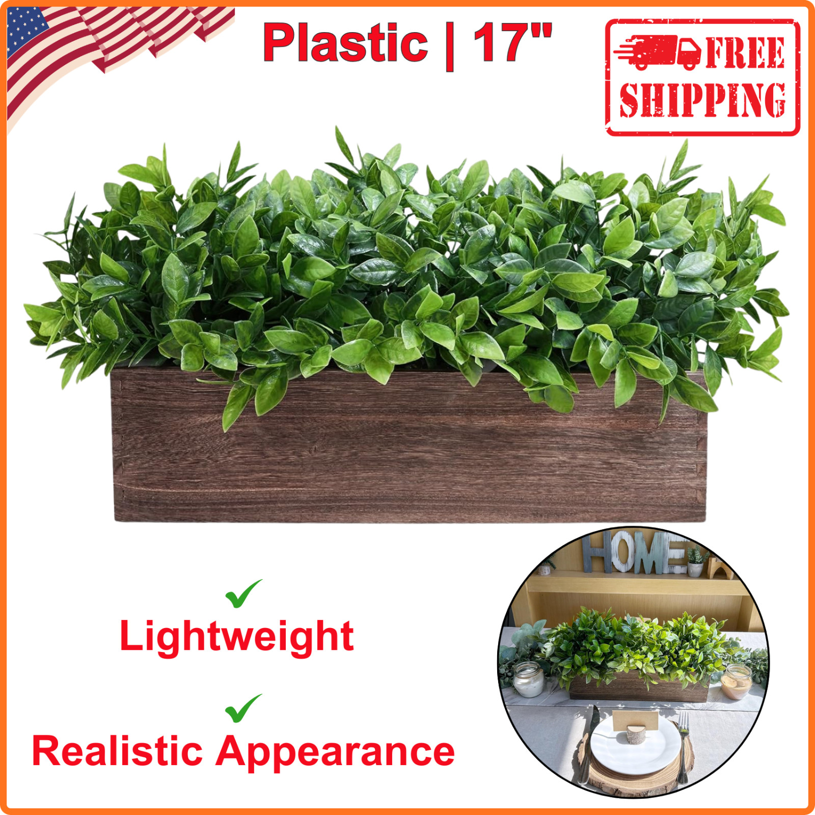 Winlyn 14″ Artificial Boxwood Plants in Rectangular Wood Planter Farmhouse Green