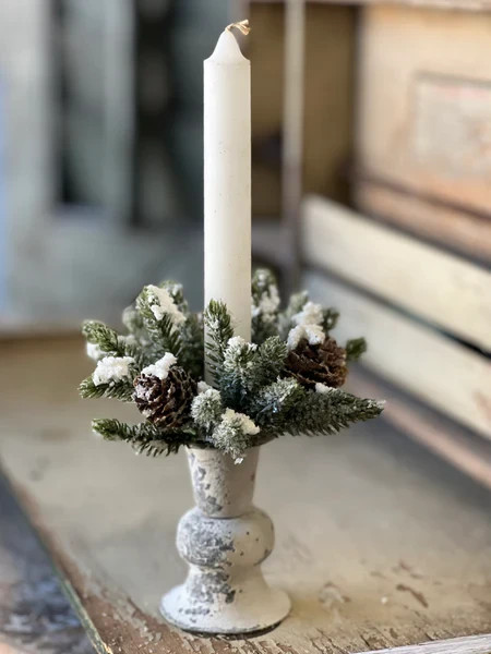NEW PRIMITIVE Candle Ring SNOWY CONE Christmas 5″W x 1″ Opening Winter Shabby
