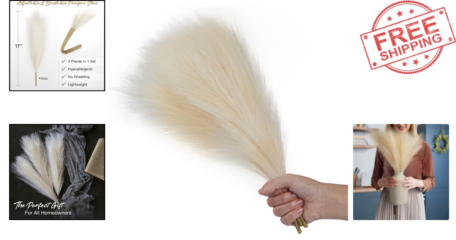 3pcs 17” Faux Pampas Grass Stalks – Elegant Artificial Decor, Beige/Off White