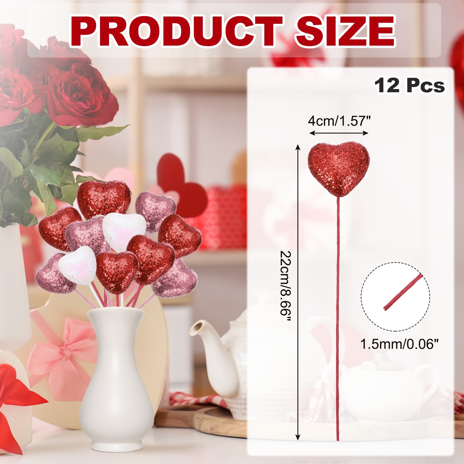 12 Pcs Glitter Heart Shaped Picks Puffy Foam Hearts Stick (Red, 4cm x 22cm)