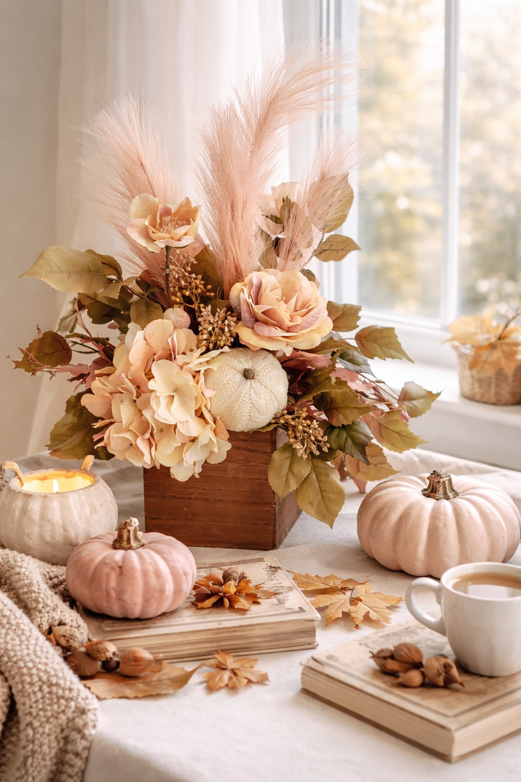 Pink Dried Look Hydrangea Centerpiece, Pampas Grass, Cream Pumpkins