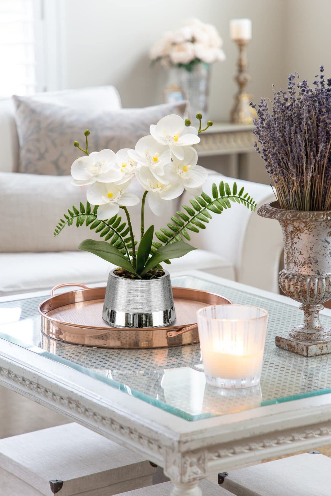 White Orchids Artificial Flowers Silver Pot Faux Phaleanopsis Fake Centerpiece