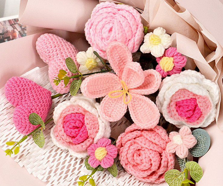 Completed Hand Knitted Crochet Flowers Bouquet Sunflower Daisy Lily Tulips Carna