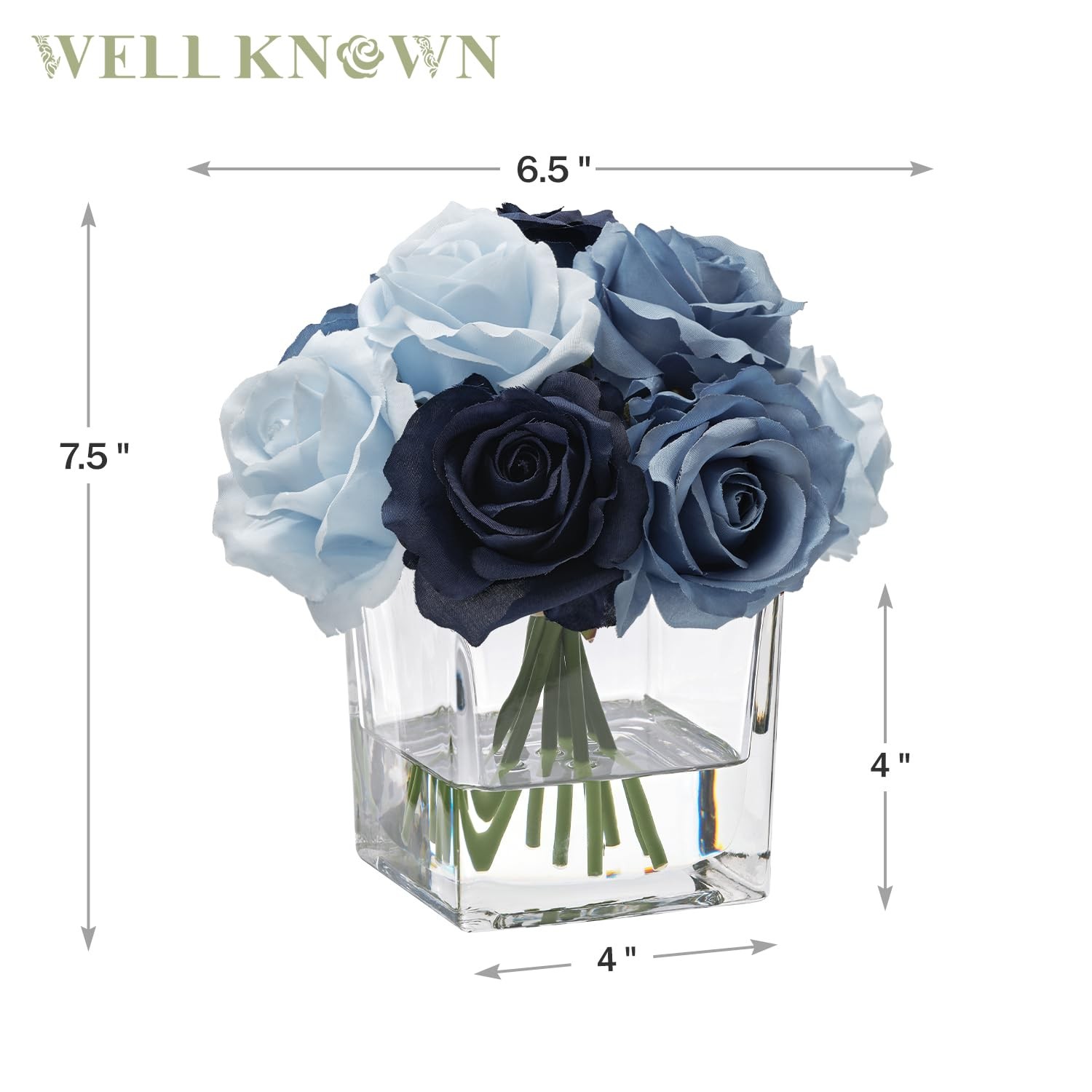 Blue Artificial Silk Rose Flowers In Vase Faux Water Table Centerpiece Decor