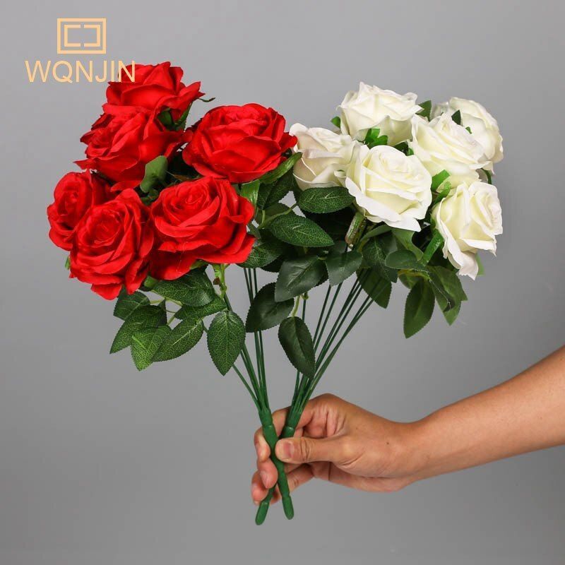 9 Artificial Rose Heads Big Bouquet Silk Flower Bunch – DIY Wedding Party Decor