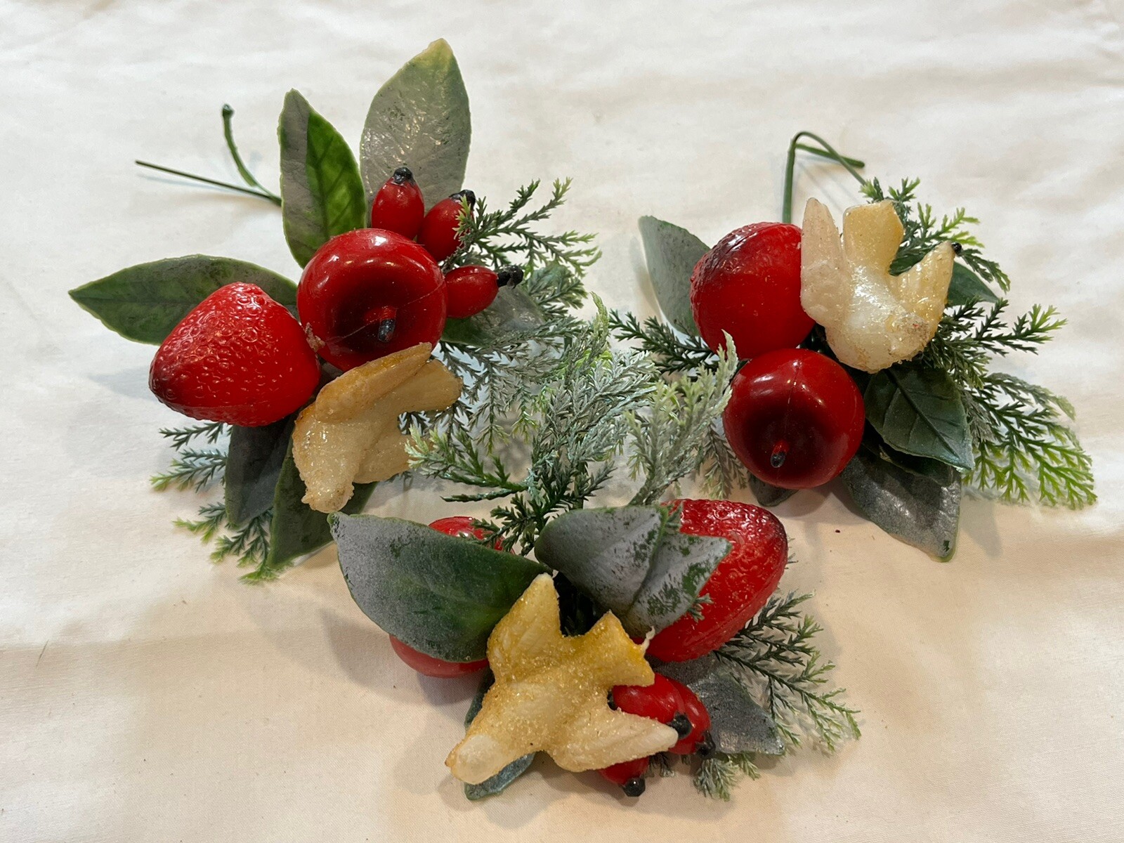 Vtg Lot Plastic Artificial Christmas Flower Planter Picks w/ Fruits & Sugar Dove