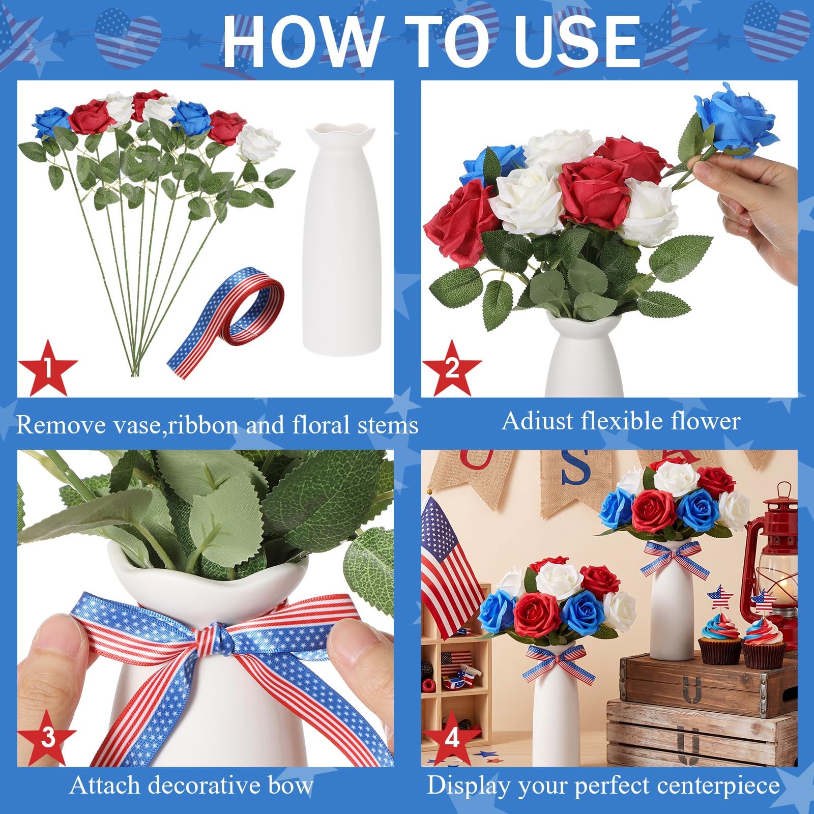 4th of July Decorations 2 Sets Artificial Flowers and Vase Red Blue White Pat…