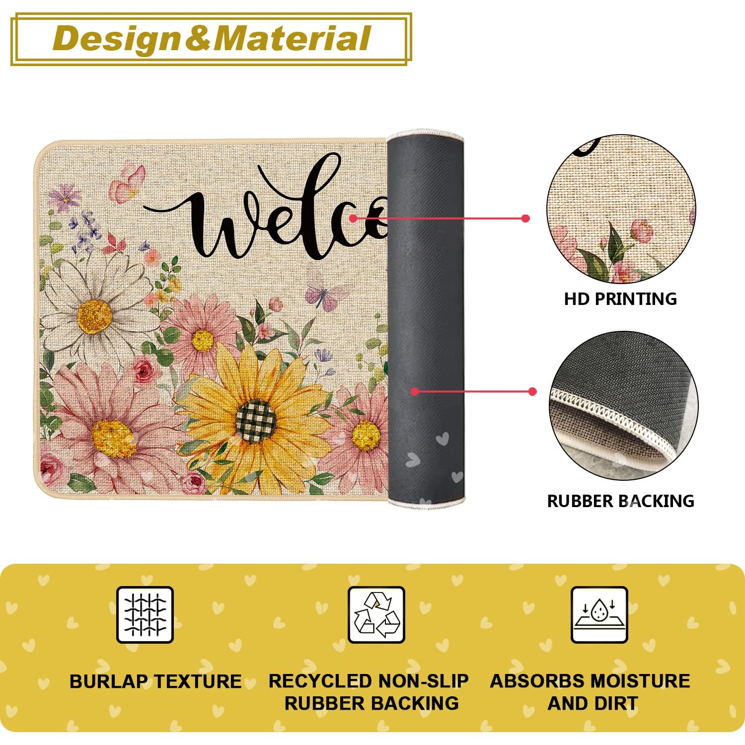 Baccessor Spring Summer 1’5″ x 2’5″ (Rectangular), Sunflower Daisy Welcome