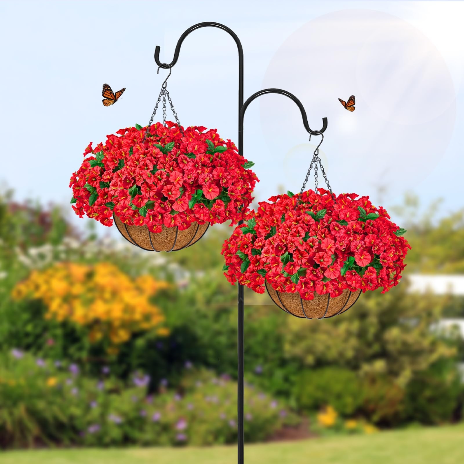 Set of 2 Faux Silk Morning Glory Hanging Flower Baskets for Outdoor Decor – 16 B