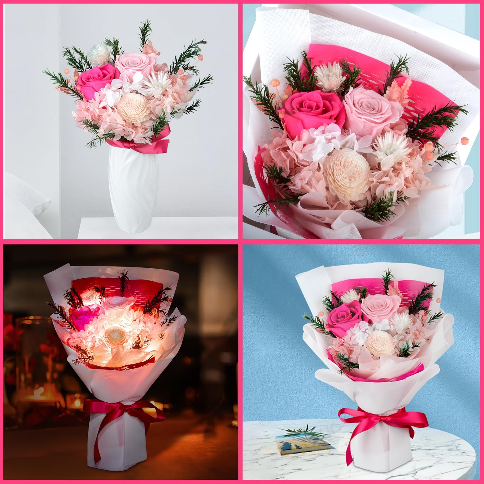 Pink Preserved Flowers Bouquet Long Lasting Real Roses Gift for Her Mom Wife