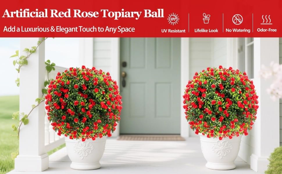 2 Set Artificial Rose Boxwood Topiary Ball Tree 26″ UV Resistant Faux Greenery