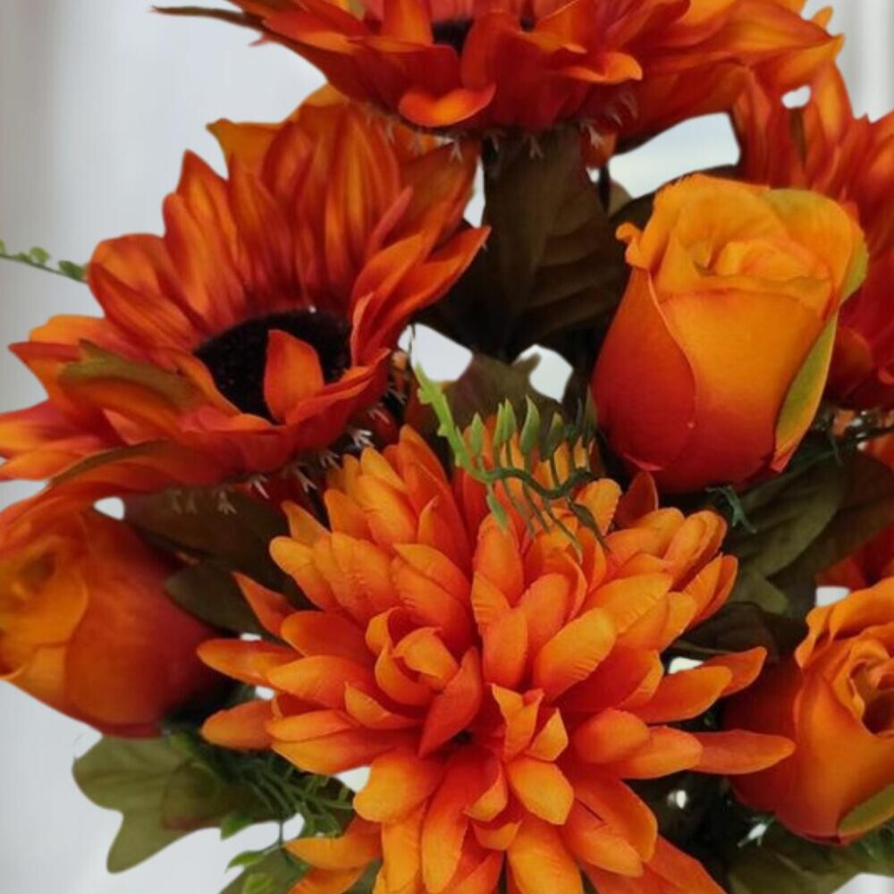 16″ Orange Artificial Mixed Mum, Sunflower & Rose Floral Bush