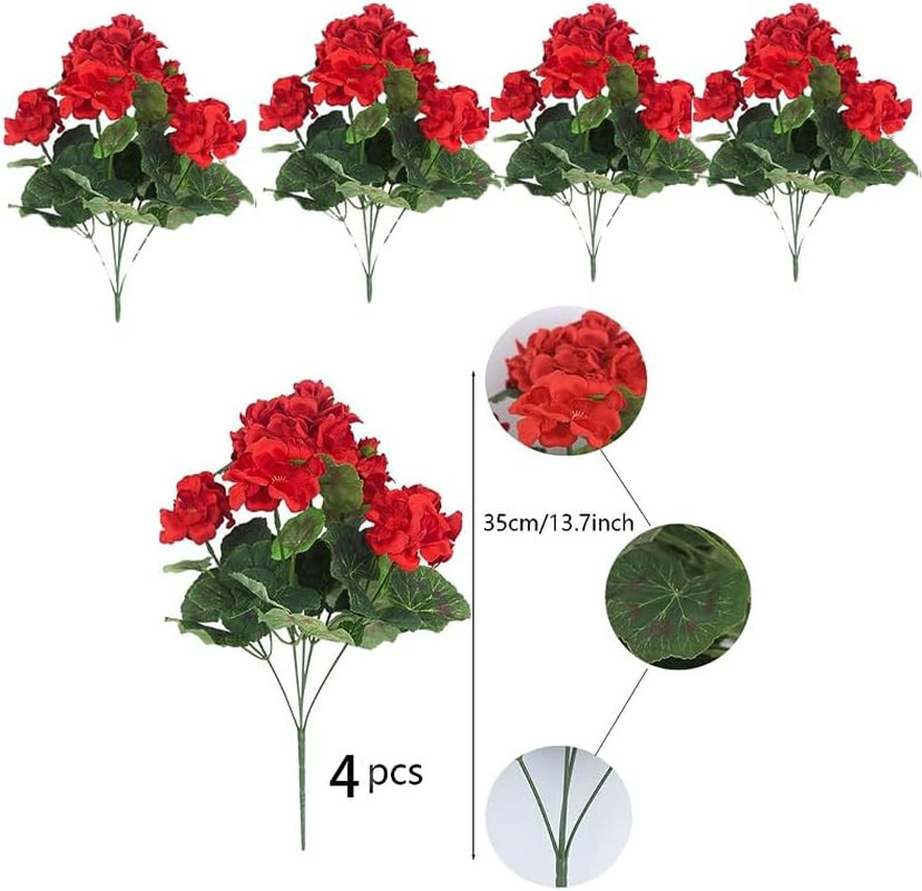 4PCS Artificial Red Geranium Silk Flowers Outdoor Plant Bush Faux Flowers