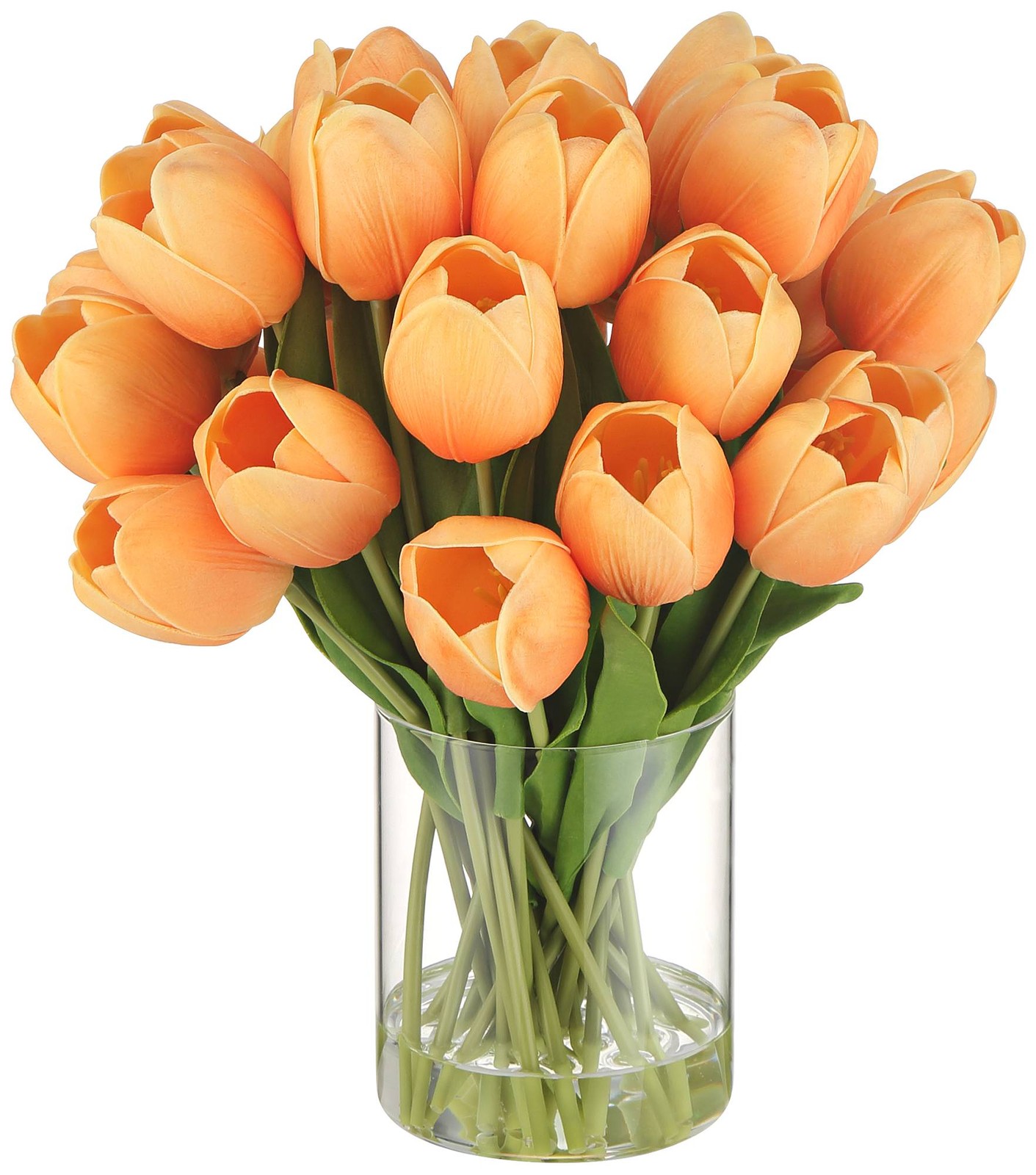 Emmie Orange Tulips 12″ High Faux Flower in Clear Glass Vase
