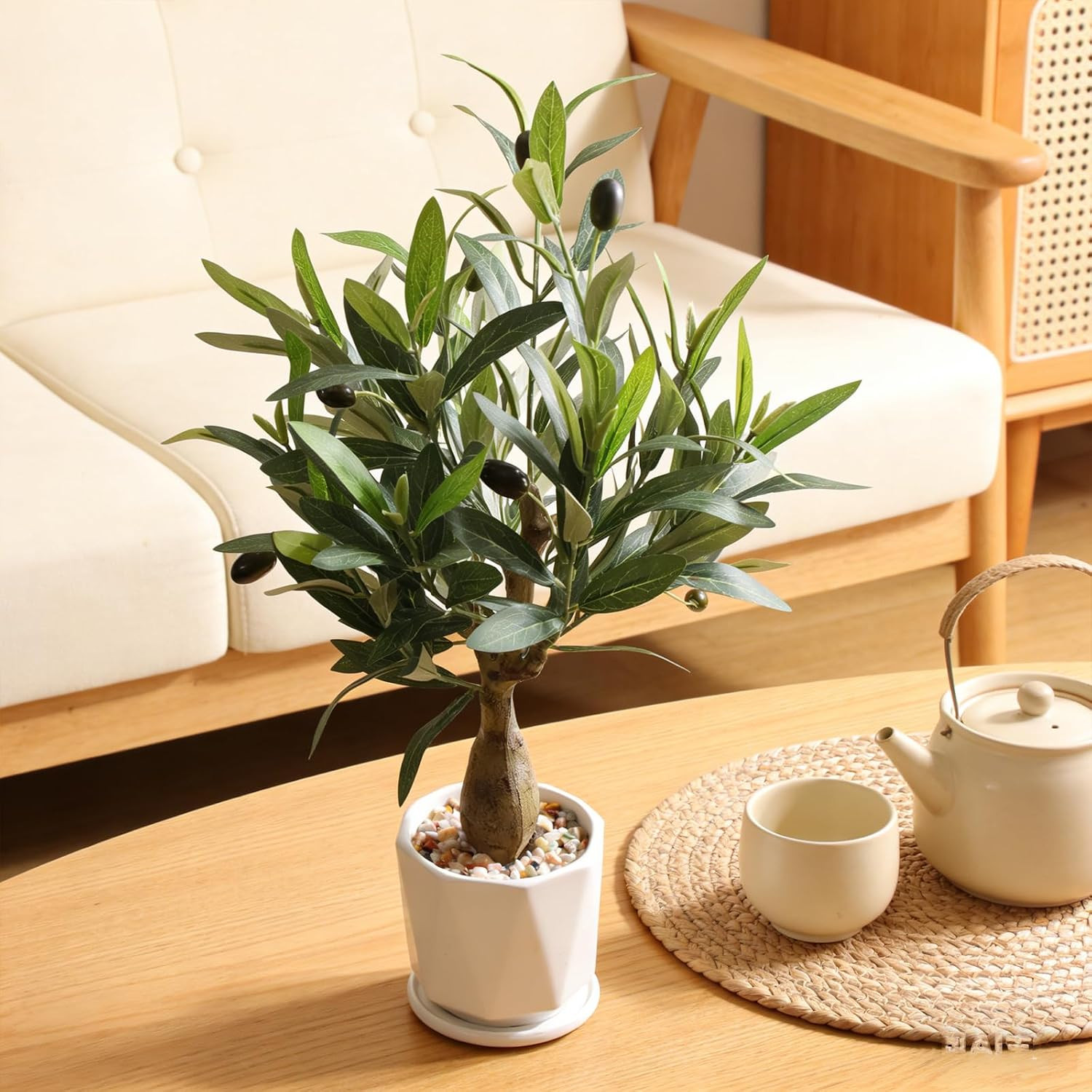 Fake Olive Tree with Pot Indoor, 18″ Artificial Olive Tree Stems Potted