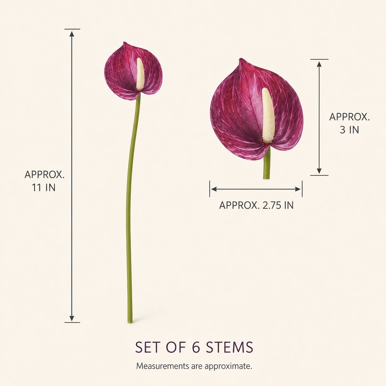 Plum Real Touch Artificial Anthurium Stems, Set of 6, 11 Inch