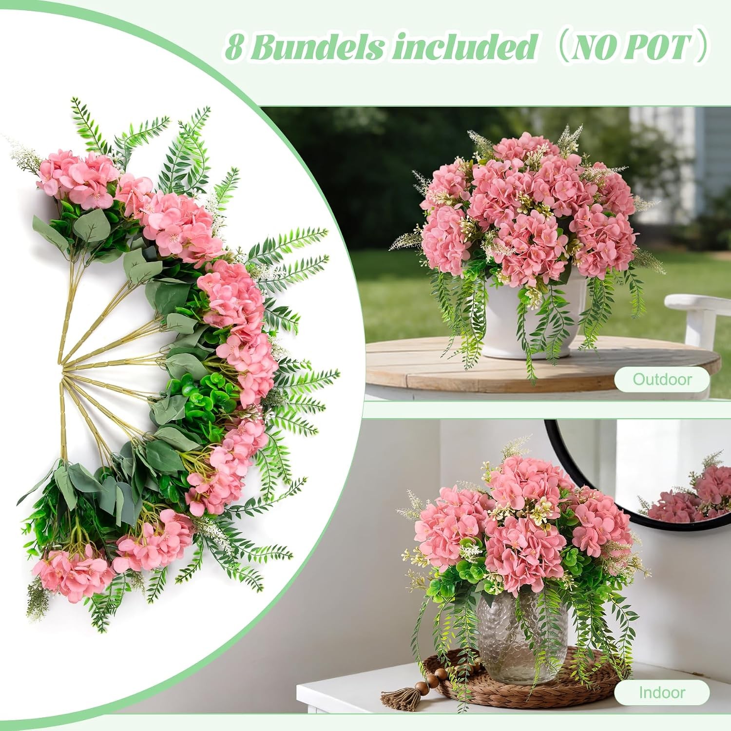 8 Pcs Artificial Hydrangea Flowers Silk Champagne Fake Flower with Eucalyptus