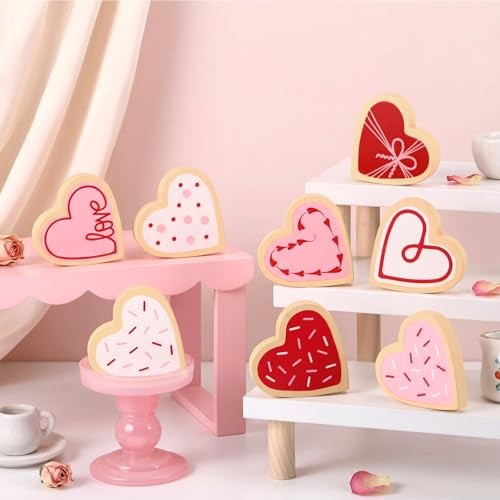 9 Pcs Valentine’s Day Wooden Heart Signs Valentines Tiered Tray Decor 6 Cookie