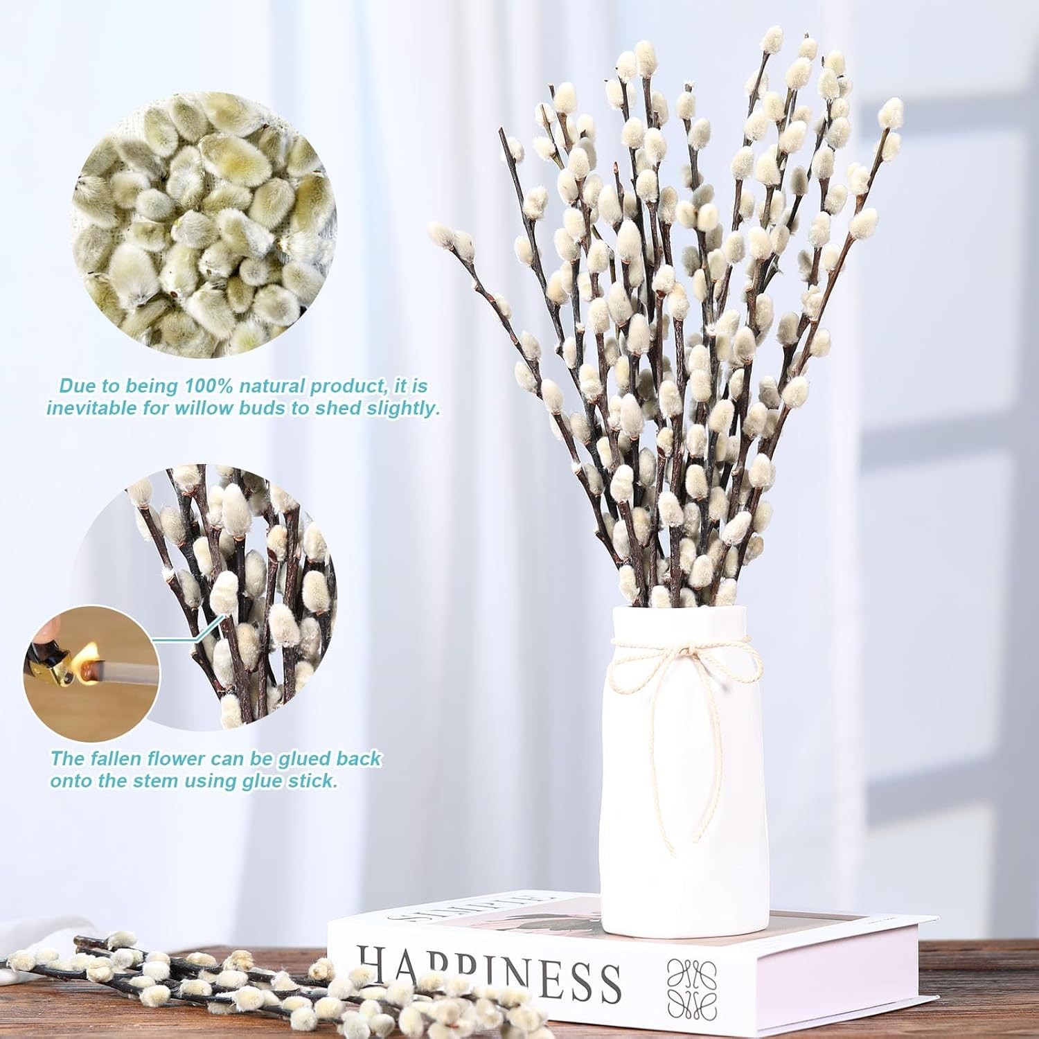 Natural Preserved Dried PussyWillow Branches for Vases, 25 Stems Real Willows…