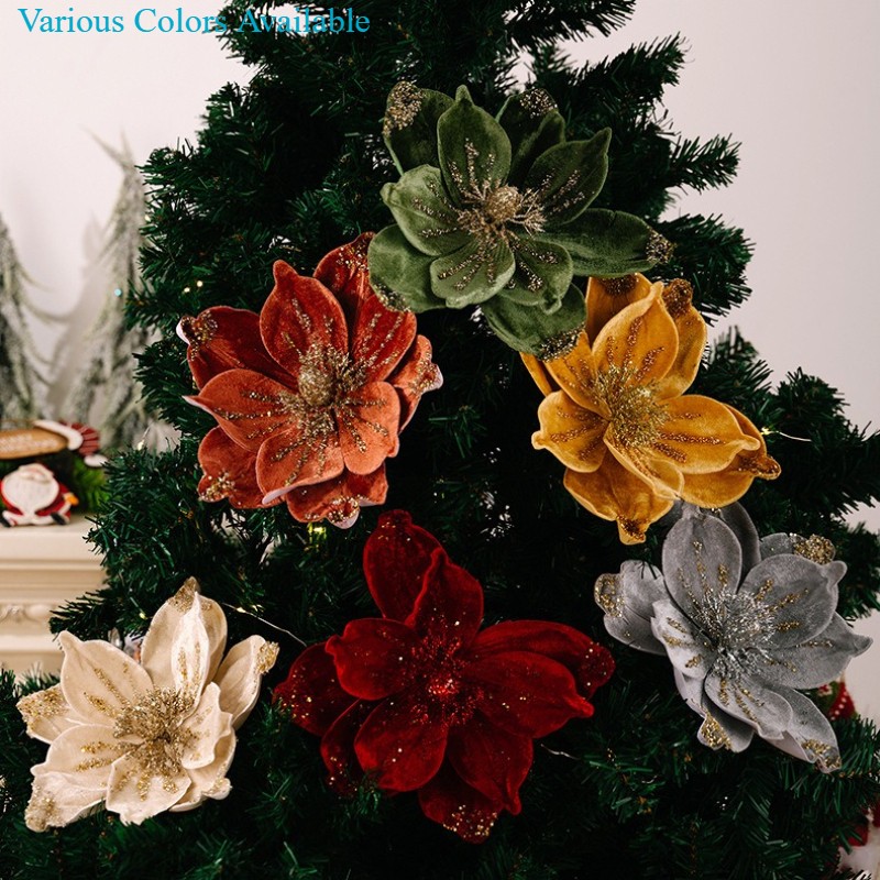 Artificial Velvet Poinsettia Picks Glitter Detail Holiday Garland Gift Box Decor