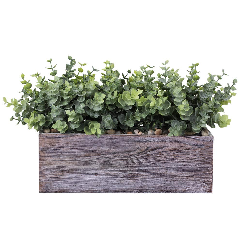 Faux Eucalyptus Plants Potted Dusty Green Rustic Wood Planter Arrangement
