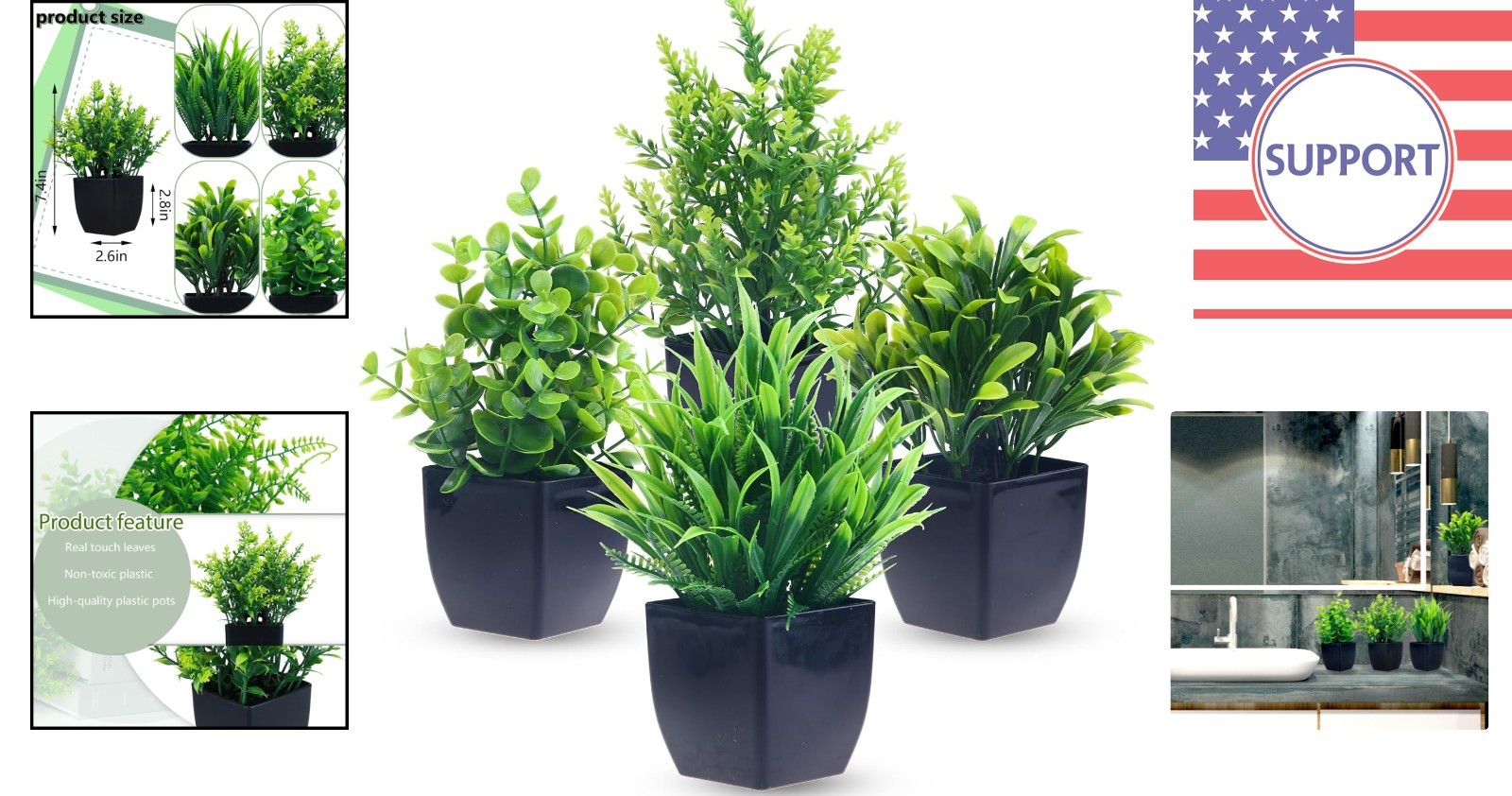 4 Pack Mini Artificial Eucalyptus in Black Pots – Maintenance-Free Indoor Decor