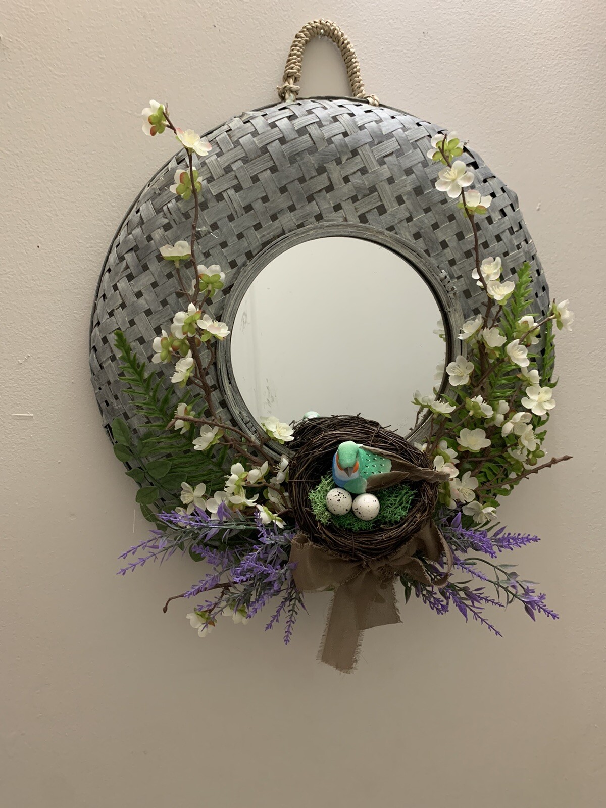Hand Made Wicker Mirror Flower Bird Nest Wall Hanging Floral Arrangement ￼