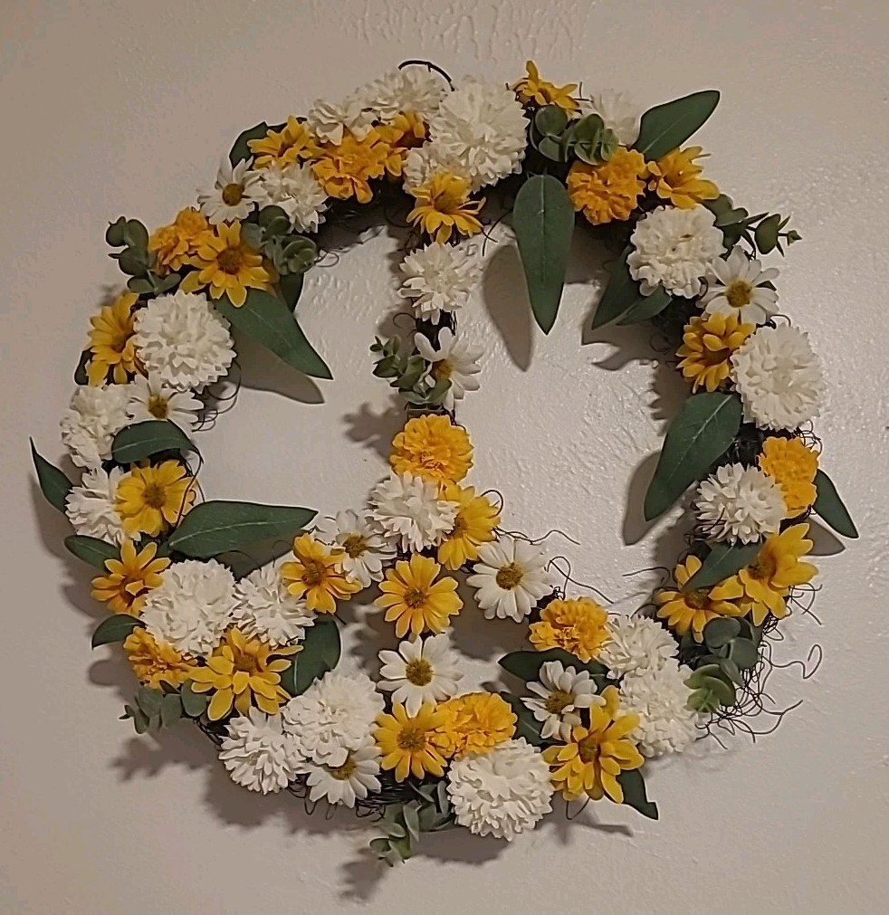 Peace Wreath Carnations Daisies Eucalyptus Leaves Foliage Cottagecore Boho 18″