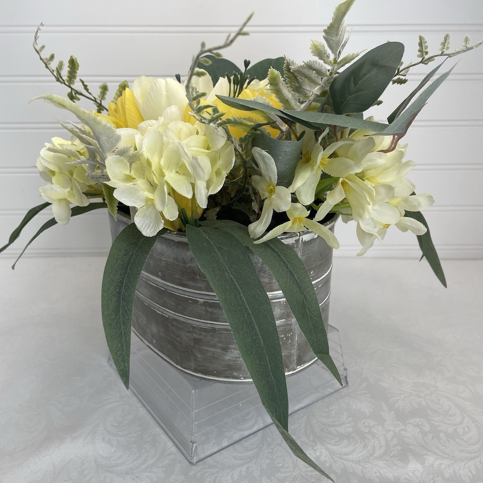 Artificial Floral Basket Arrangement Centerpiece Yellow Flowers in Metal Planter