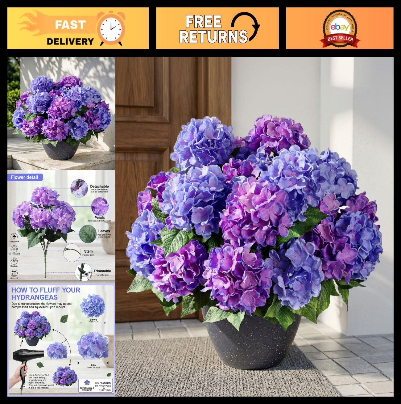 4 PCS UV Resistant Purple Blue Fake Silk Hydrangea Stems – Realistic Faux Flower