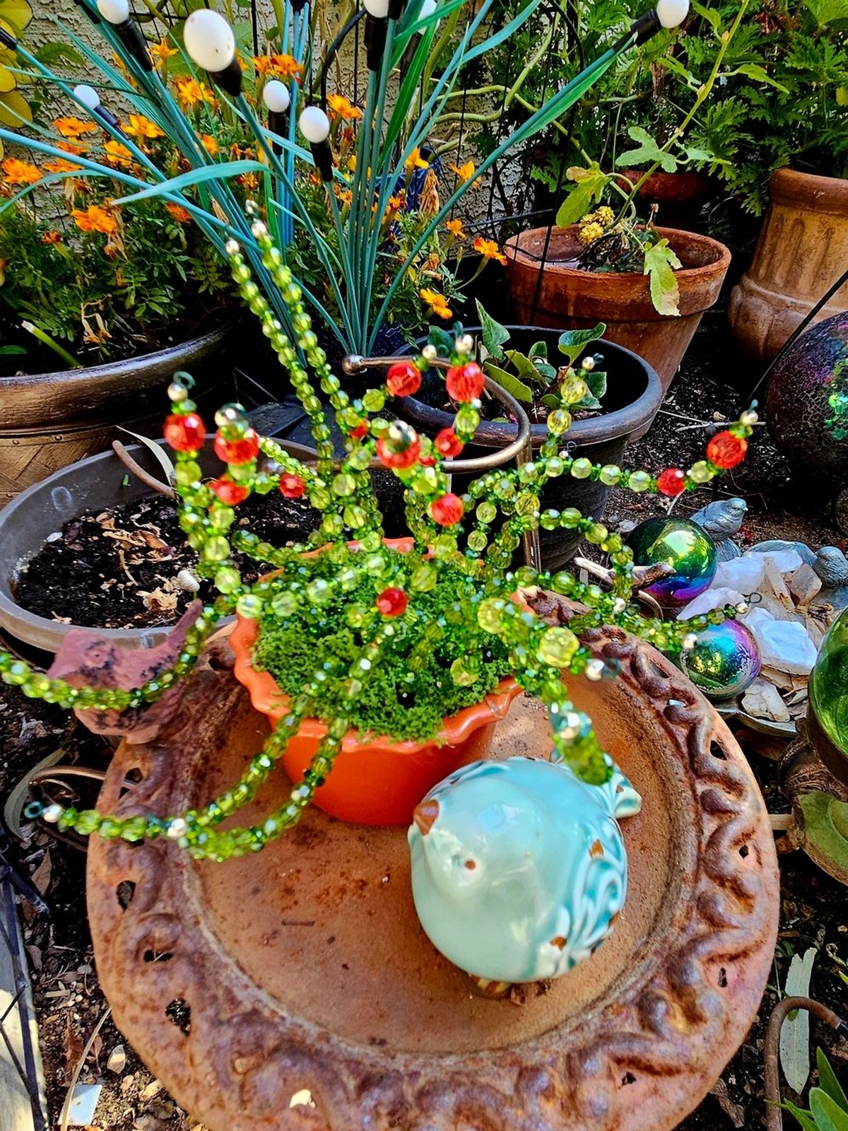 Beaded Green and Red Decorative Plant Accent