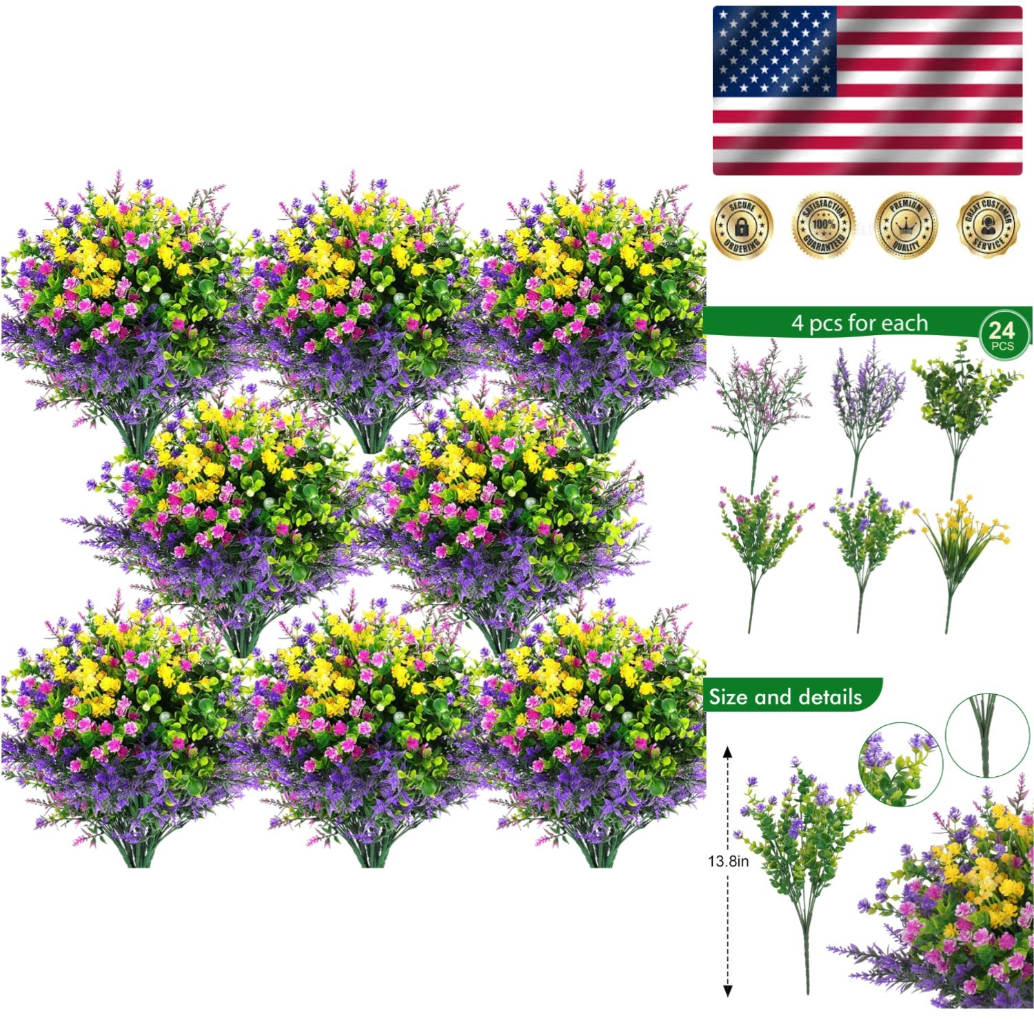 24 Pcs UV Resistant Artificial Flowers – Vivid Summer Decor in Fuchsia & Purple