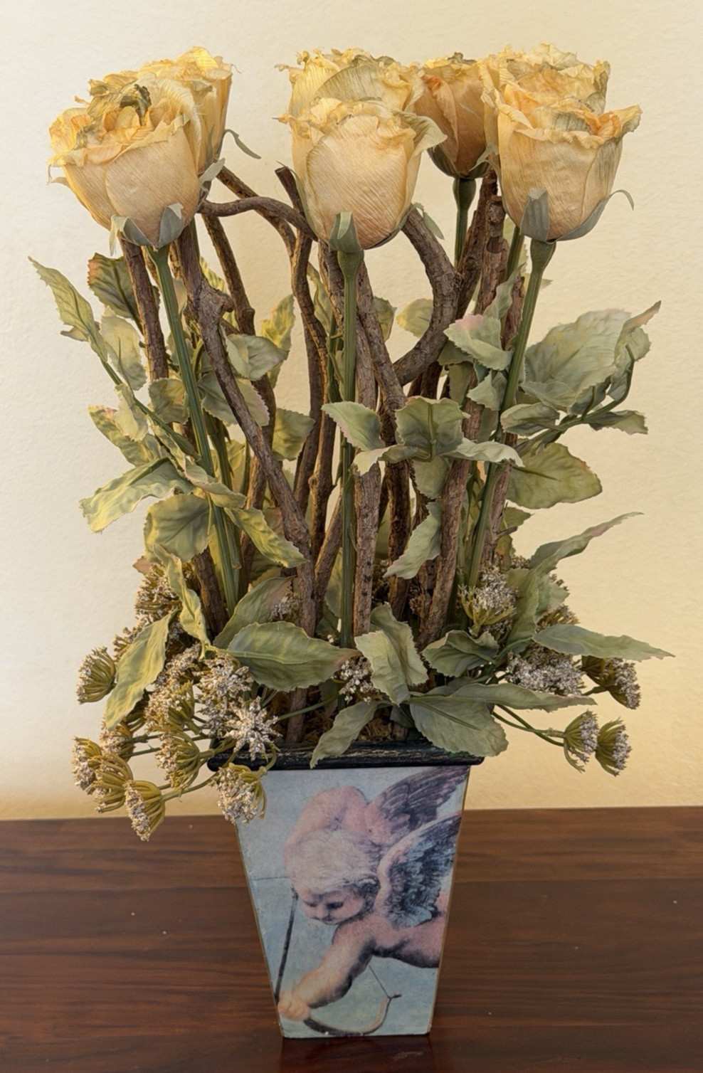 Faux Yellow Crepe Paper Roses in Cherub Vase