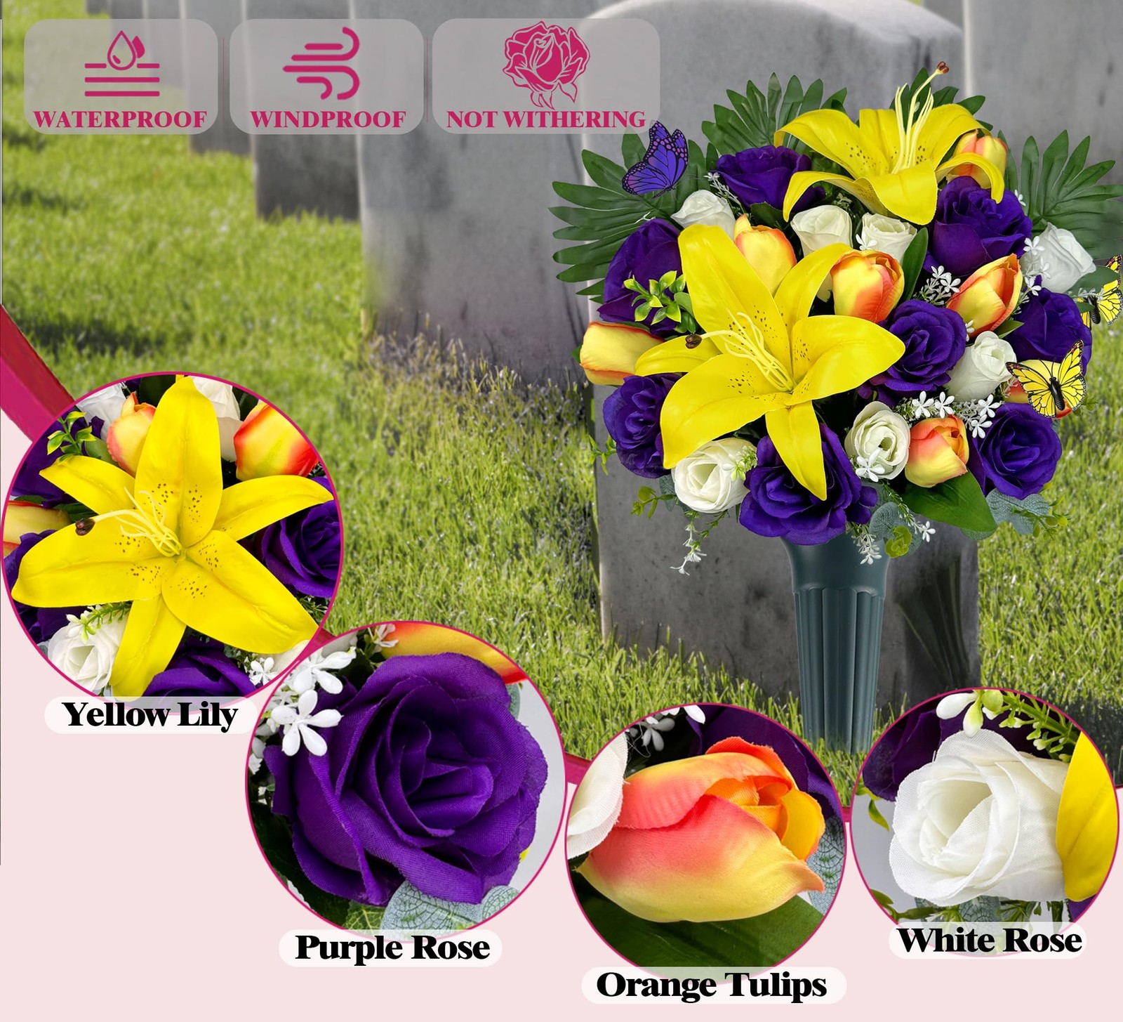 MUVIC Artificial Cemetery Flowers – Memorial Flowers – Outdoor Sympathy Grave…