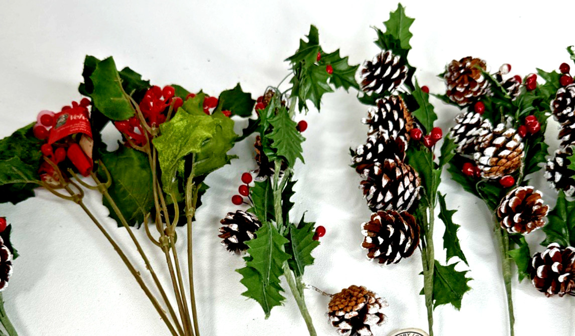 9 Christmas Floral Picks Sprays Holly Leaves Pinecone Red Berries Hobby Lobby +