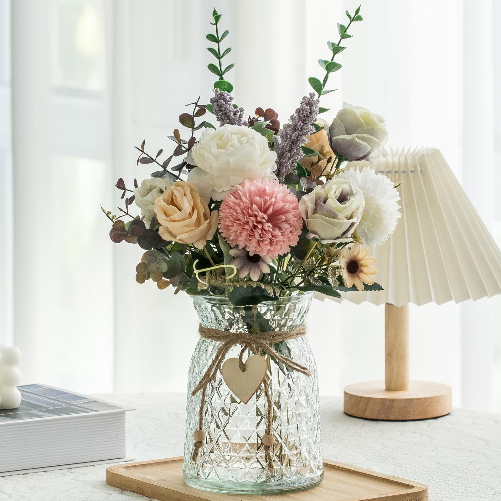 2 Pack Fake Flowers Vase Faux Peony Silk Home Decor Coffee Table Centerpiece