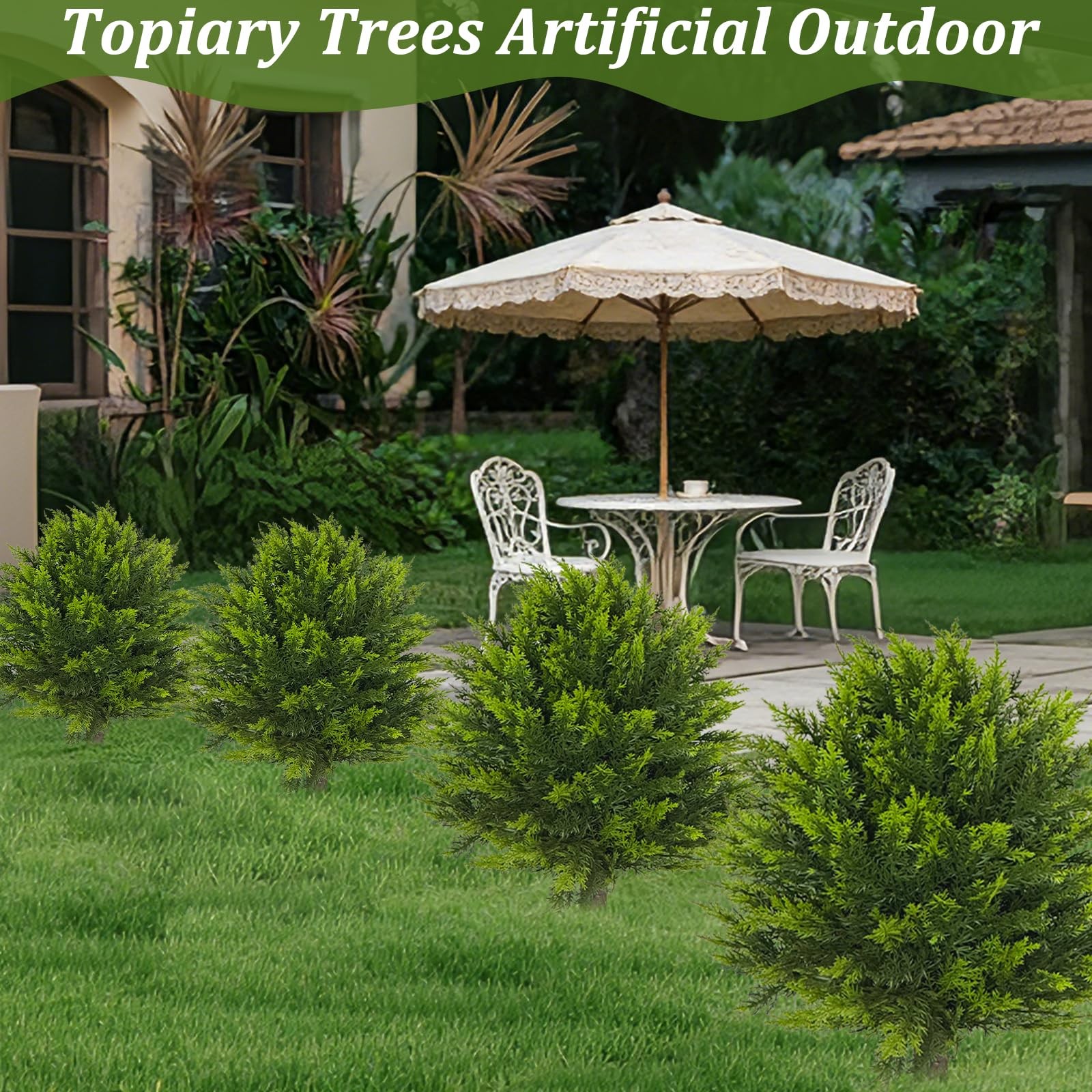 Artificial Cypress Topiary Set of 2, 24” Faux Shrub Bushes with Ground Spike,…