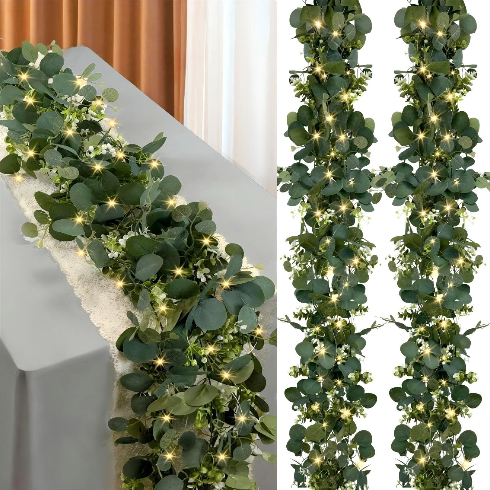 6FT Eucalyptus Garland with Lights – 2 Packs Greenery Vines for Wedding Decor, C