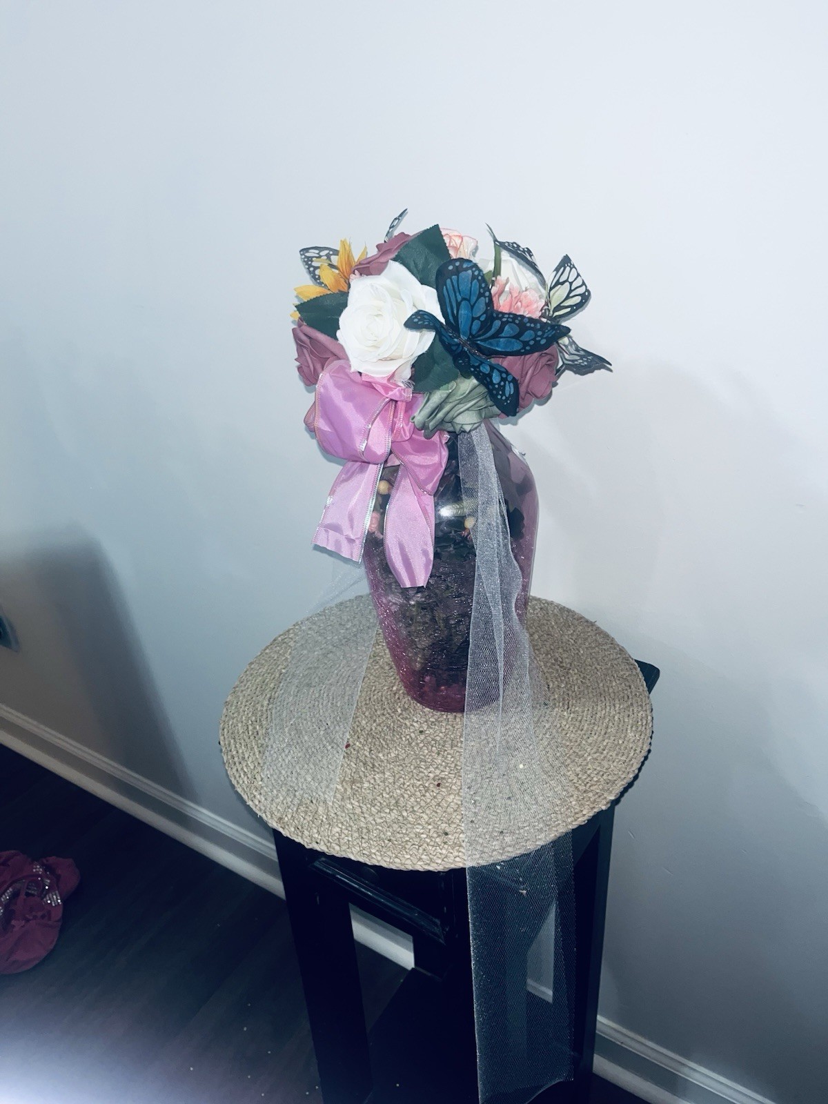 Artificial Rose Flower Arrangement in Vase w/ Pink Bow, Tulle Veil & Butterfly