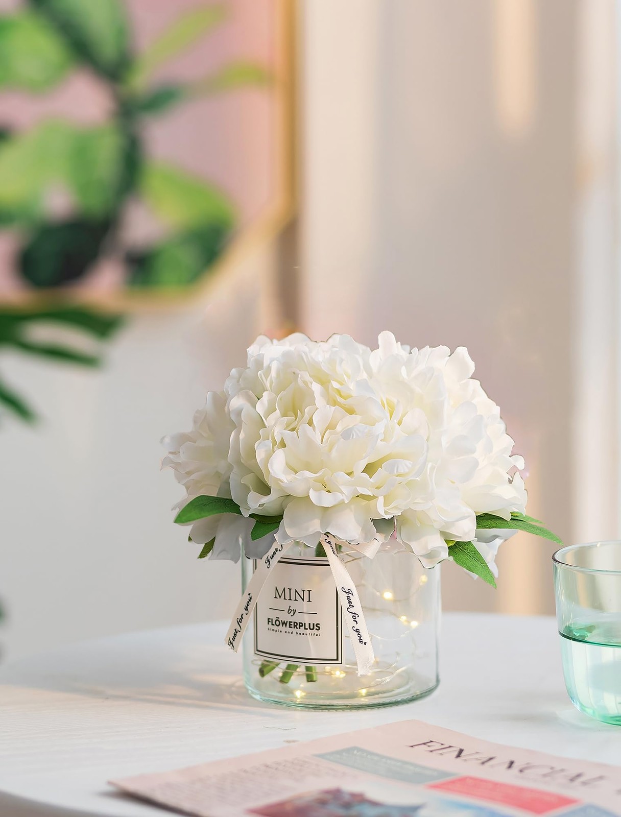 Fake Flowers in Vase for Table: White Artificial Hydrangea with Glass Vase LE…
