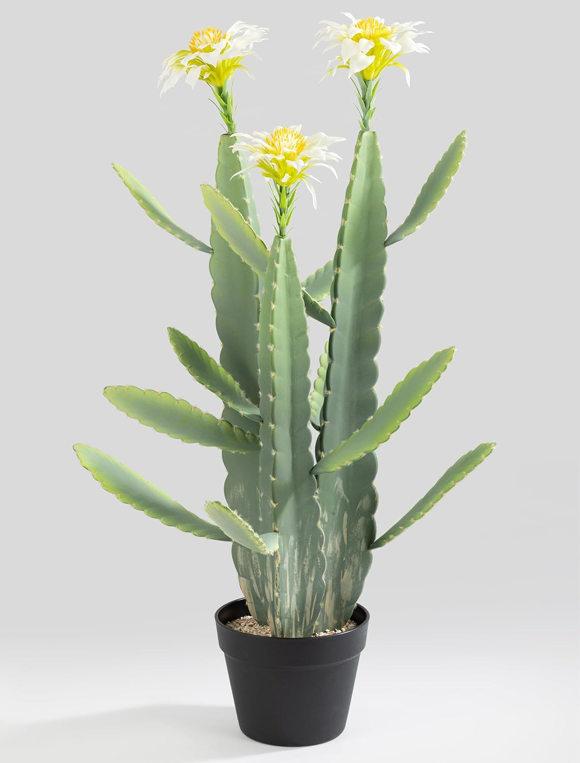 33 Inch Large Artificial Cactus with Lilly White Flowers in Pot with Natural Gra