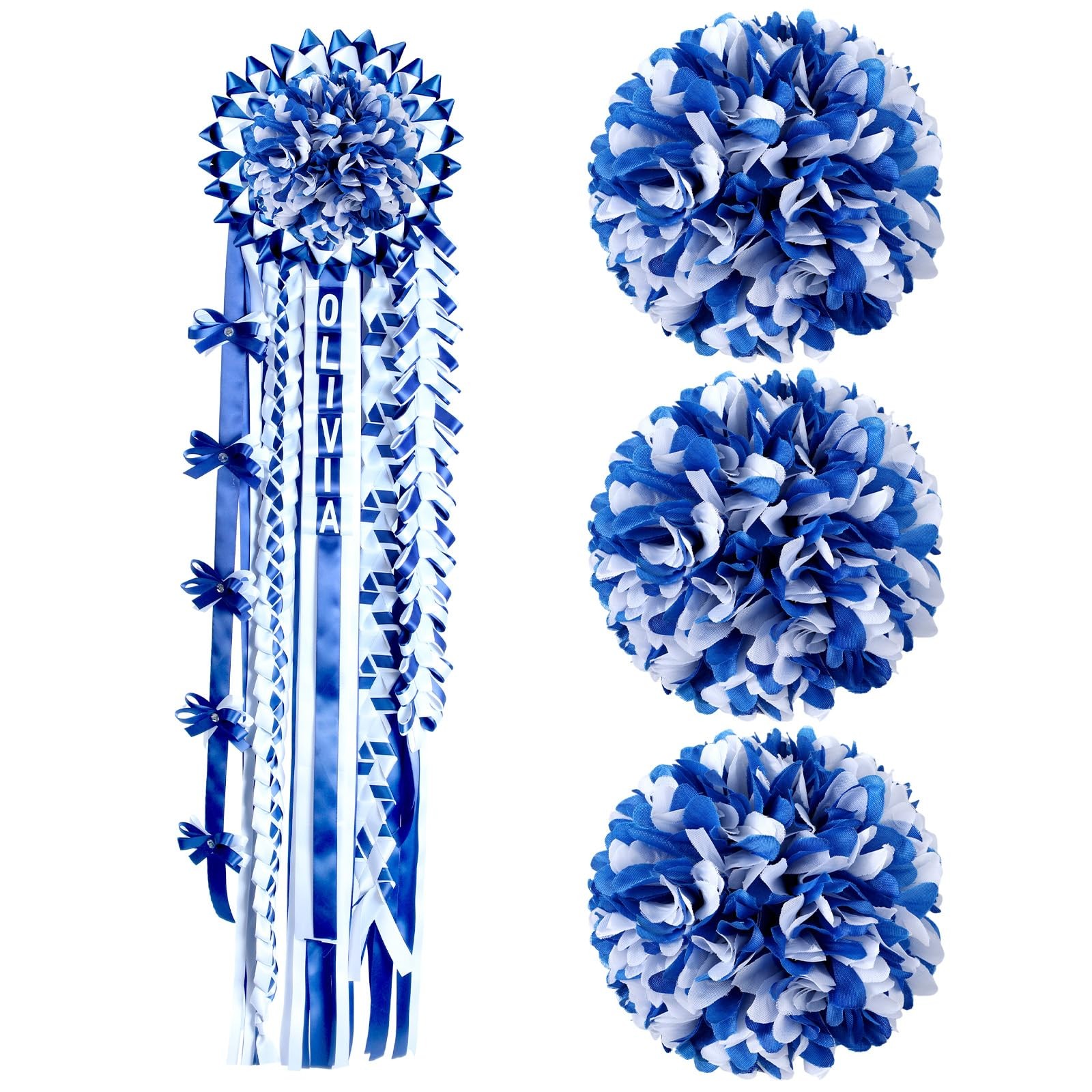 3 PCS Blue White Homecoming Mum Flowers 6.5 Inch Silk 21 Layers Supplies