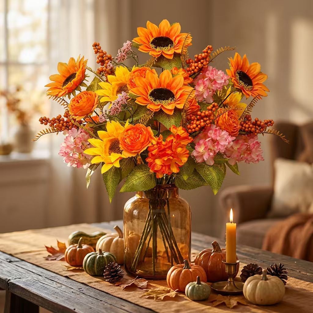 45cm Artificial Floral Bouquet with Sunflowers Red Dahlias and Berries