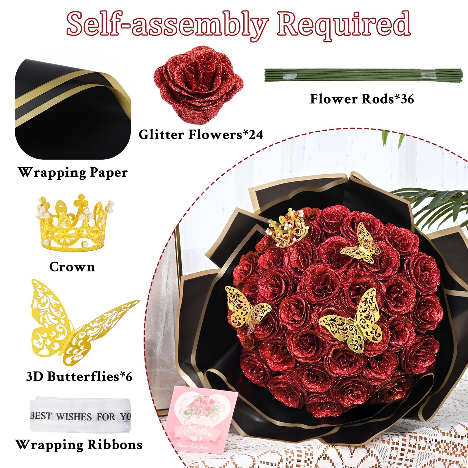 36 PCS Red Glitter Roses Bouquet DIY Fake Flowers Birthday Anniversary Gift