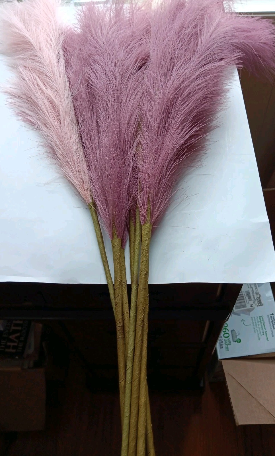 Faux Pampas Plumes Pink, White 40″ Tallest, Various Heights 7 Stems Clean, Well